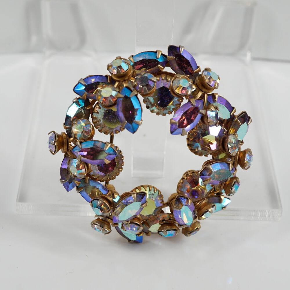 Vintage AB Rhinestone Dimensional Layered Wreath Brooch Gold-Tone 1960s Mod